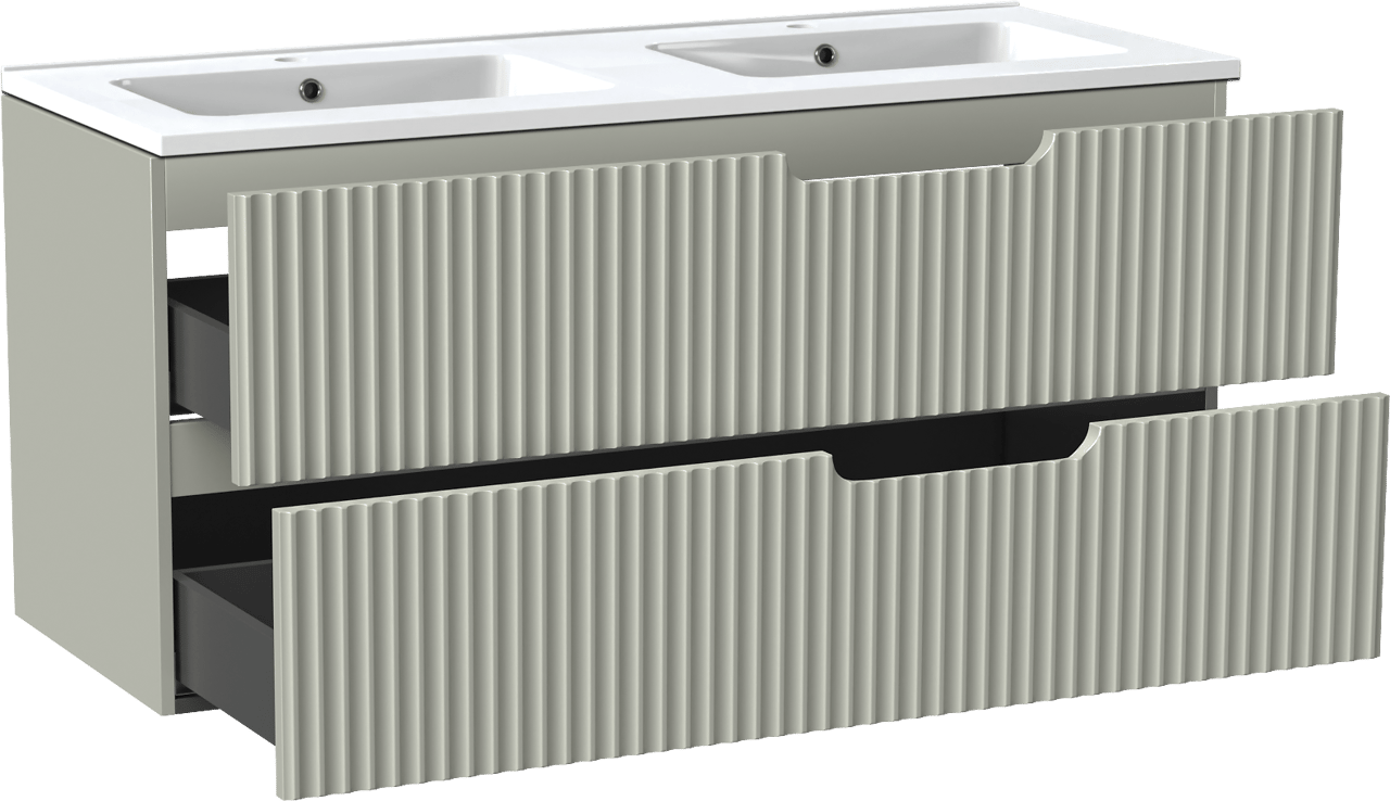 Linie Ribbo meuble salle de bains suspendu 120 x 46 cm greige avec Vano double vasque en marbre composite blanc brillant, Nervure circulaire symétrique verticale