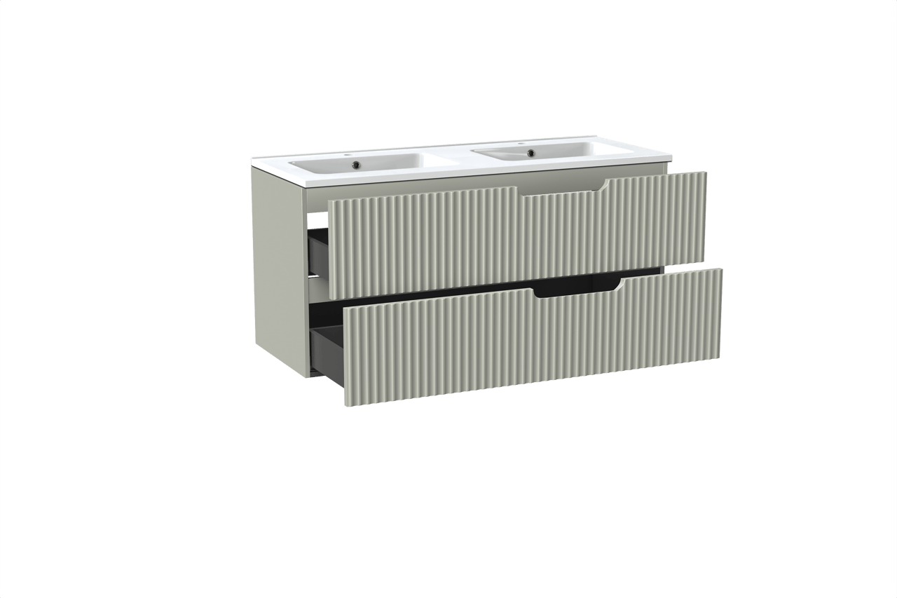 Linie Ribbo hängendes Möbelstück Set: 120 x 46 cm, Greige, mit Vano Doppelwaschtisch, Marmorkomposit, Weiß glänzend, Vertikale symmetrische runde Rippe