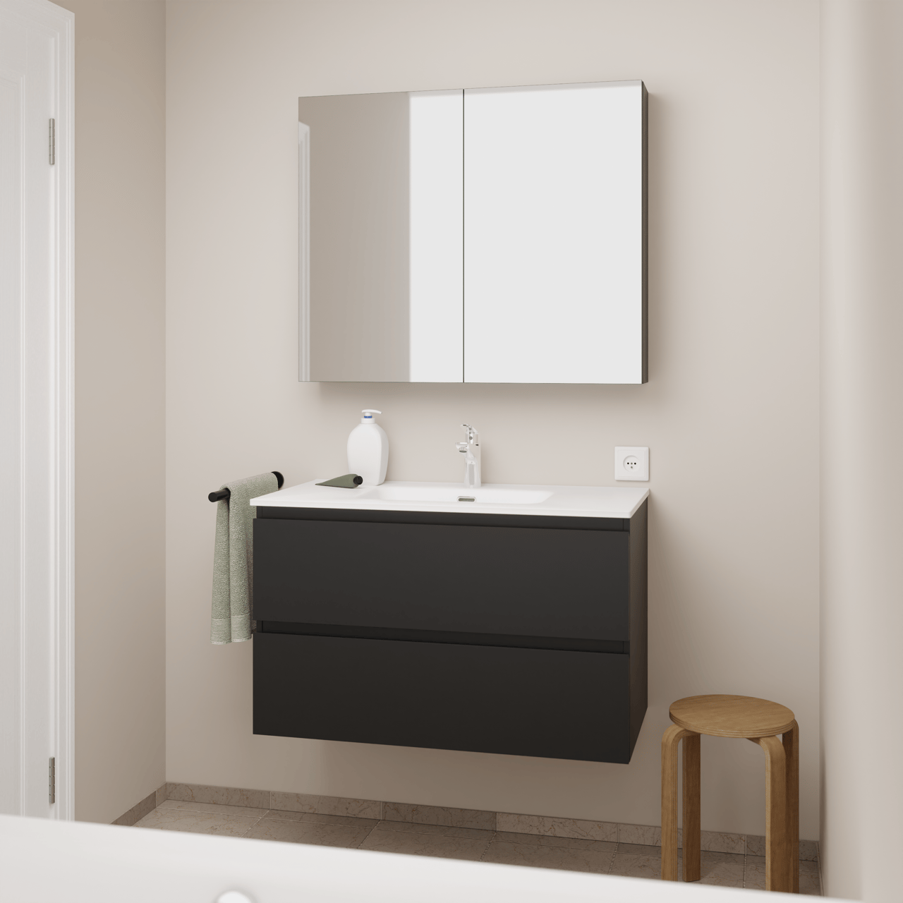 Linie Lado meuble salle de bains suspendu 90 x 46 cm noir mat avec Baro plan simple en porcelaine blanc mat et Montro armoire de toilette