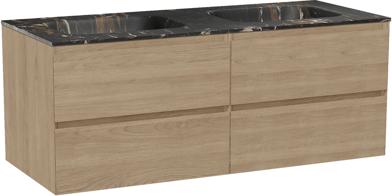 Balmani Mitra hängendes Möbelstück Set: 135 x 55 cm, Naturbelassene Eiche, mit Tablo Arcato Doppelwaschtisch, Marmor Portoro Gold