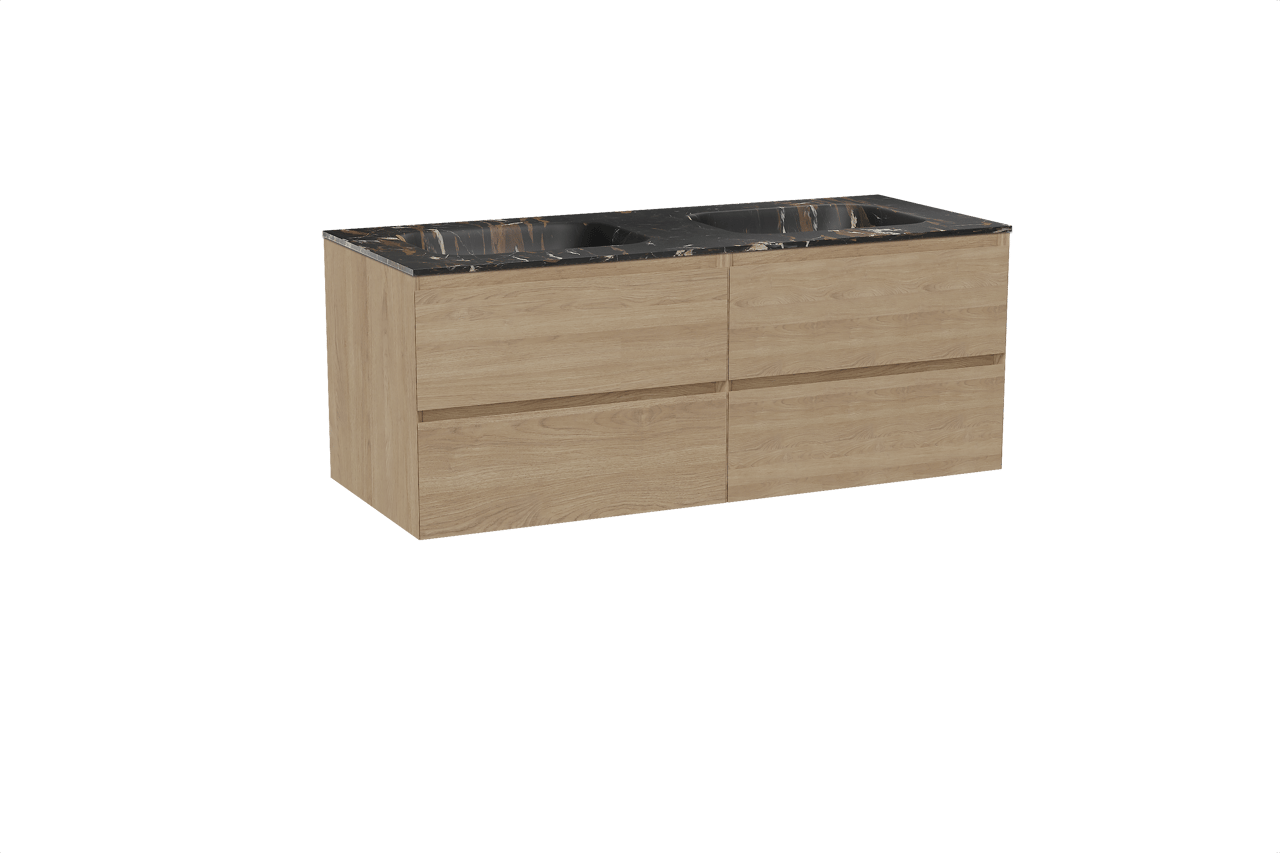 Balmani Mitra hängendes Möbelstück Set: 135 x 55 cm, Naturbelassene Eiche, mit Tablo Arcato Doppelwaschtisch, Marmor Portoro Gold