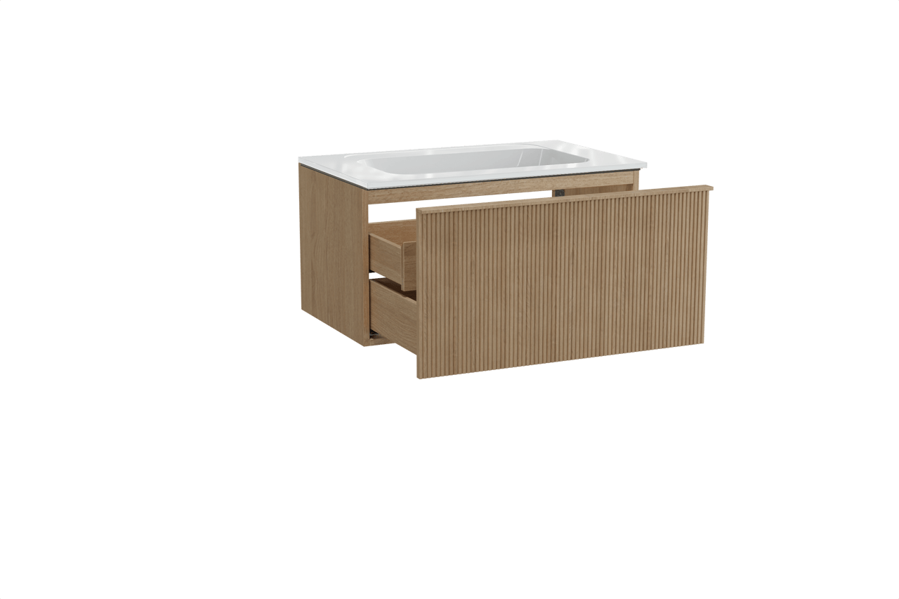 Balmani Forma hängendes Möbelstück Set: 90 x 55 cm, Naturbelassene Eiche, mit Tablo Strada Einzelwaschtisch, Marmorkomposit, Weiß glänzend, Vertikale symmetrische gerade Rippe