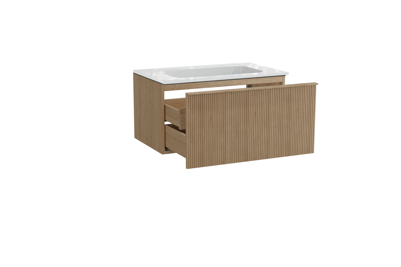 Balmani Forma zwevend badkamermeubel 90 x 55 cm natuur eik met Tablo Strada enkele wastafel in composietmarmer glanzend wit, Verticale symmetrische rechte ribbel