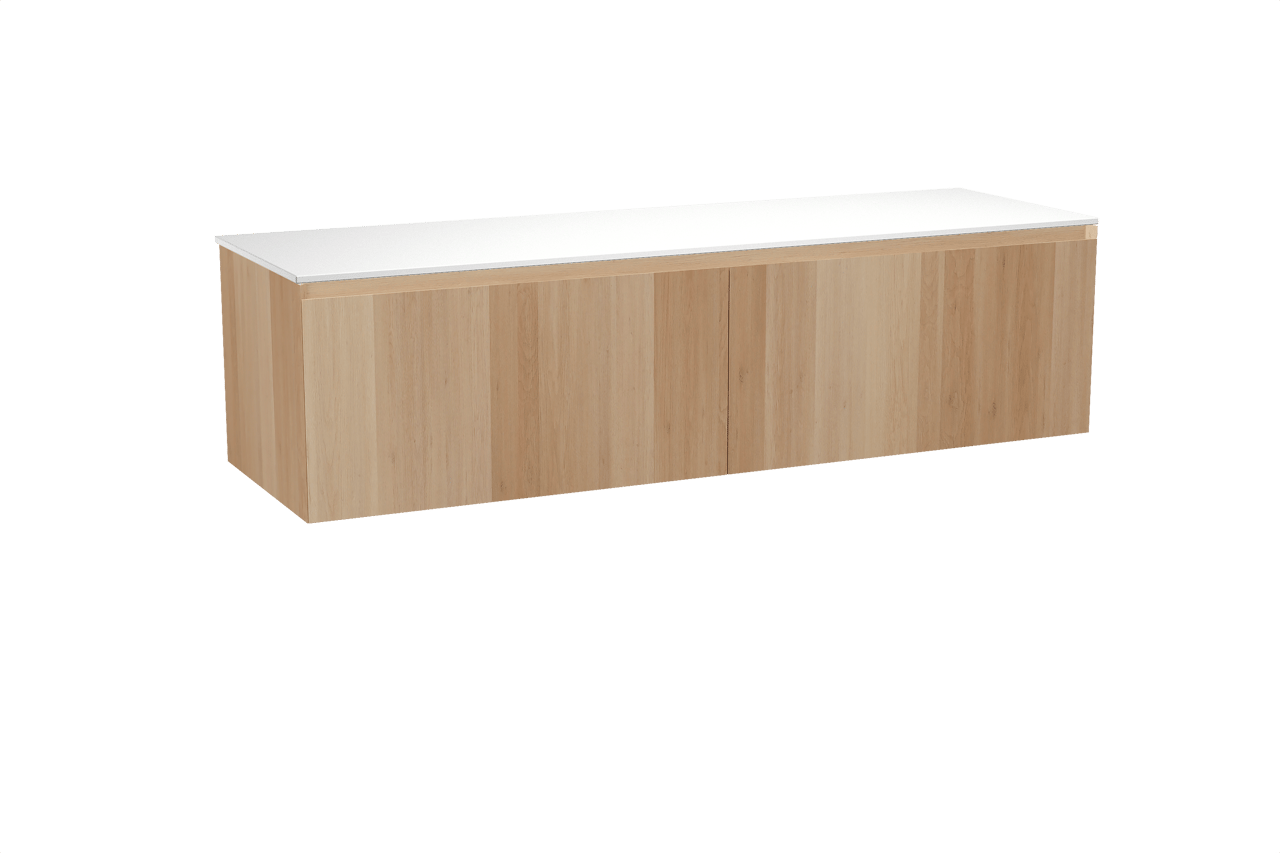 Balmani Idra hängendes Möbelstück Set: 180 x 55 cm, Naturbelassene Eiche, mit Stretto Einzel- oder Doppel Waschtischplatte, Solid Surface Weiß matt