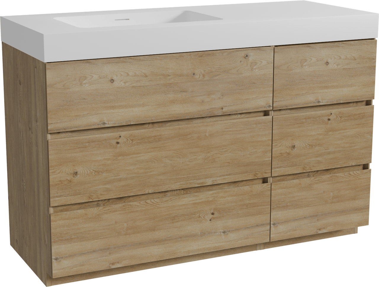 Storke Edge staand badmeubel 130 x 52 cm ruw eiken met Mata High asymmetrisch linkse wastafel in solid surface mat wit