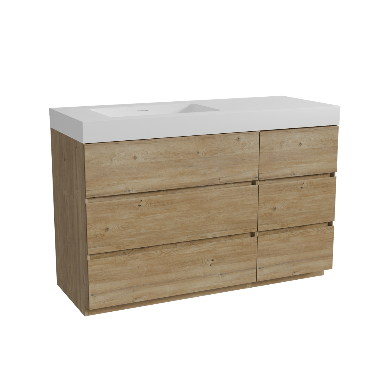 Storke Edge freistehendes Möbelstück Set: 130 x 52 cm, Rohe Eiche, mit Mata High Waschtisch links, Solid Surface Weiß matt