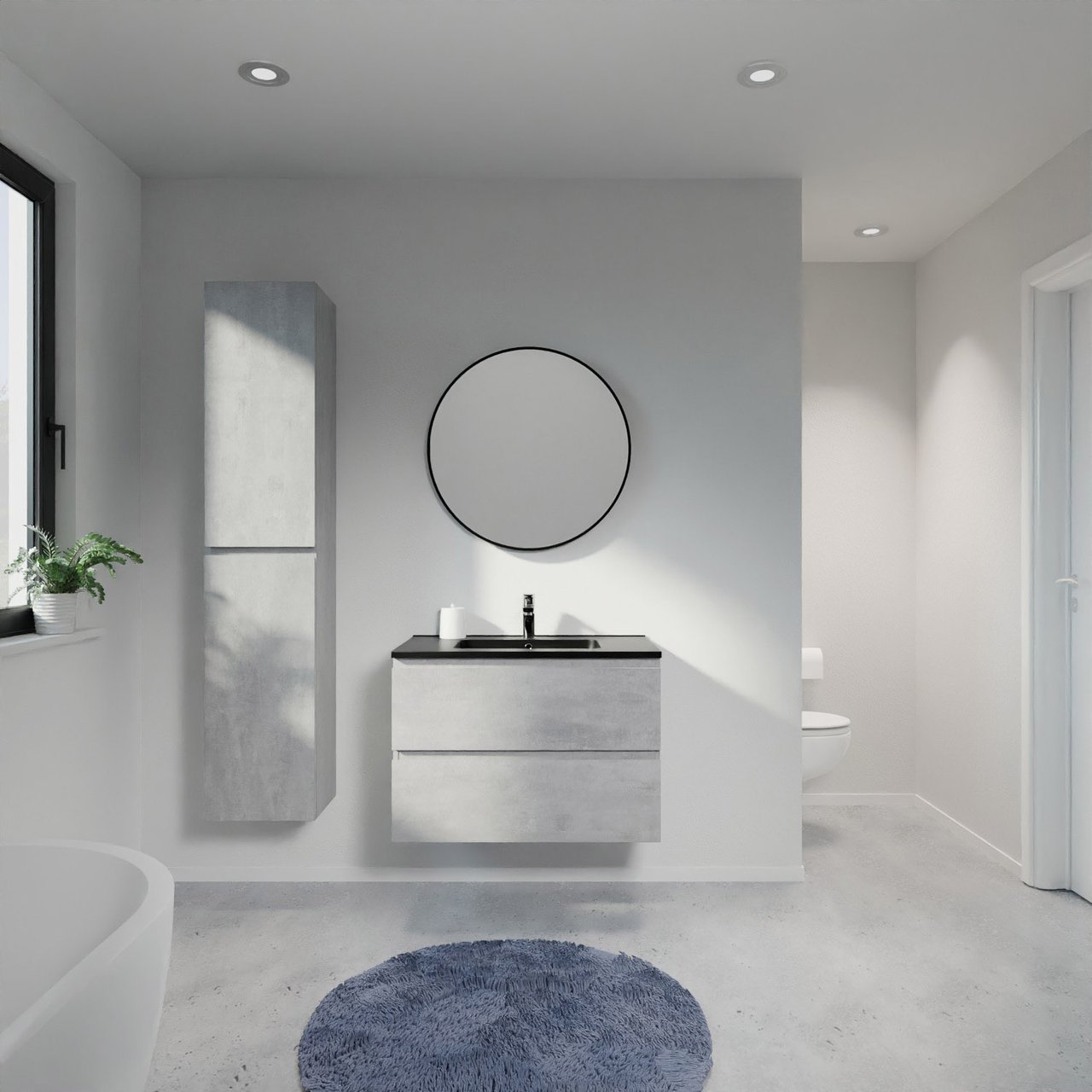 Linie Lado zwevend badmeubel 80 x 46 cm beton donkergrijs met Vano enkele wastafel in composietmarmer mat zwart