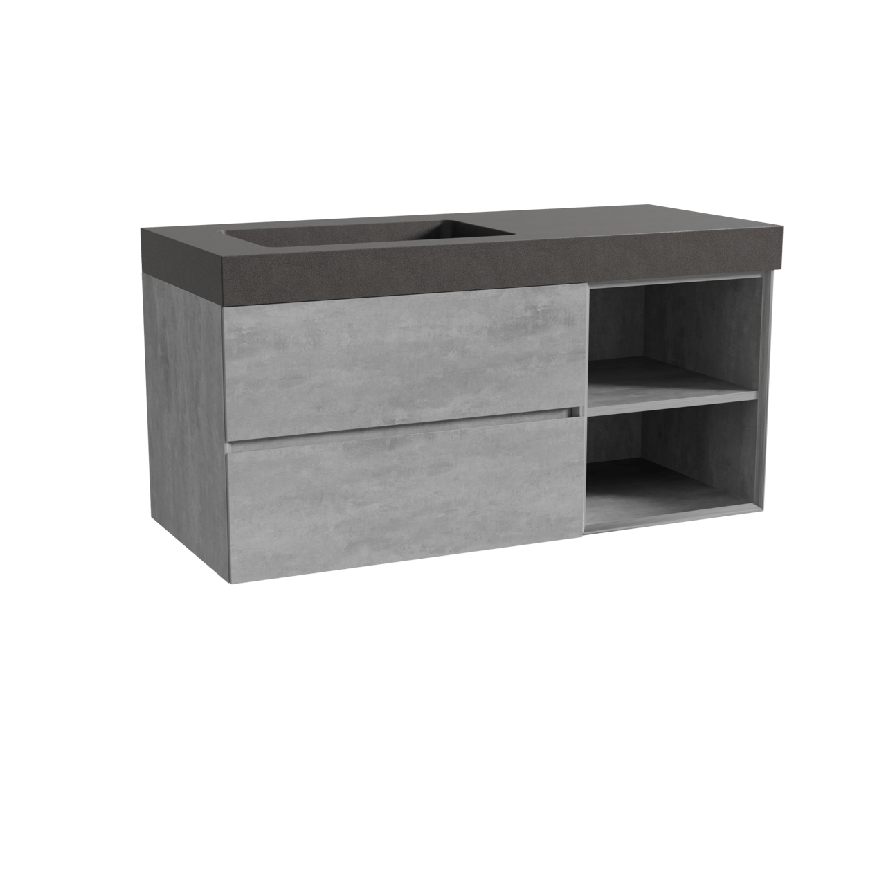 Storke Edge zwevend badmeubel 120 x 52 cm beton donkergrijs met Scuro High asymmetrisch linkse wastafel in kwarts mat zwart