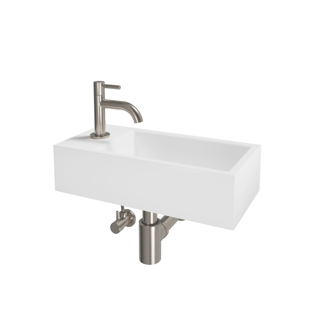 Luca Varess Cubic Handwaschbecken, Keramik weiß glänzend, 40,5 x 20 cm, Links, inklusive Chrom Wasserhahn und Zubehör