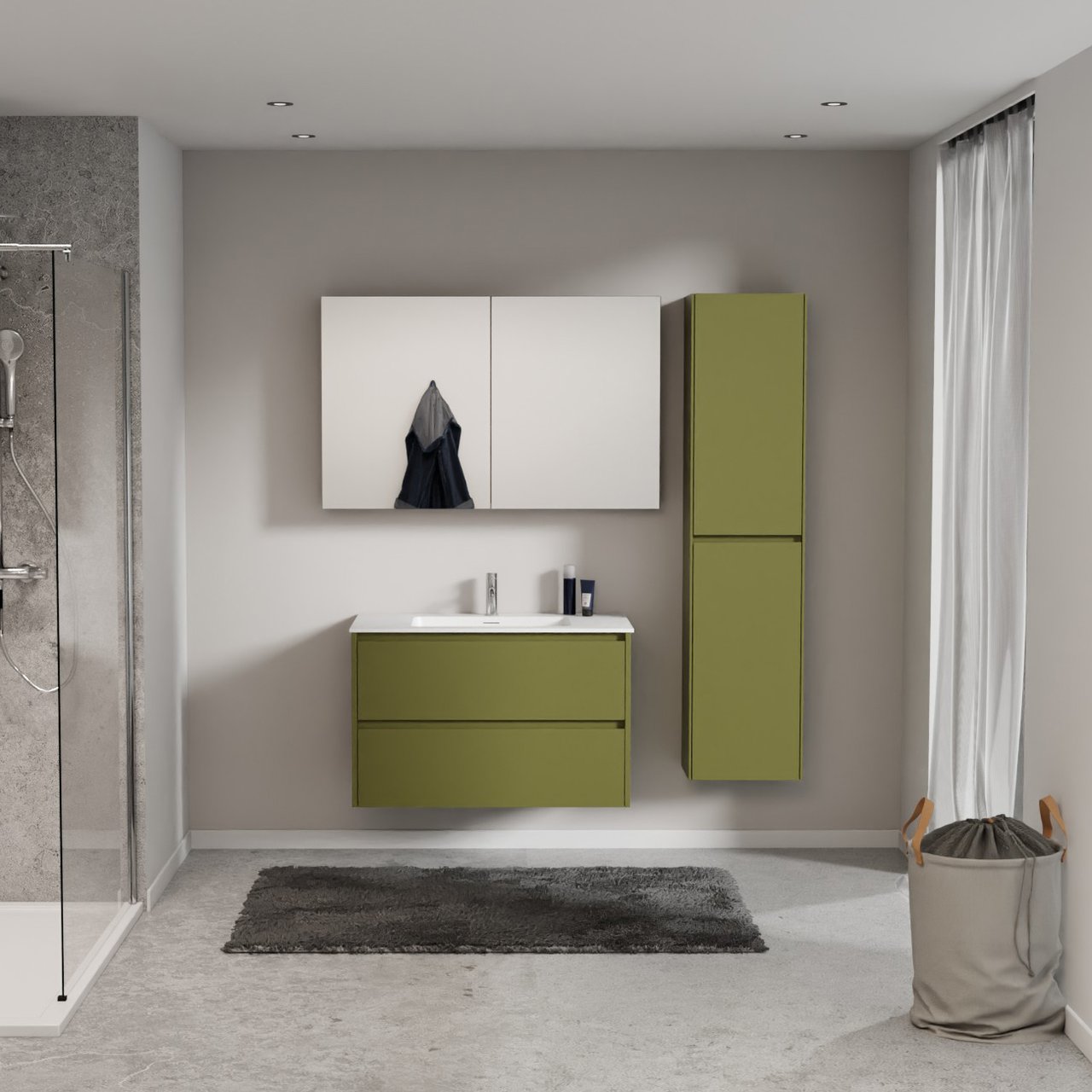 Storke Seda zwevend badmeubel 95 x 52 cm olijfgroen met Mata enkele wastafel in solid surface mat wit