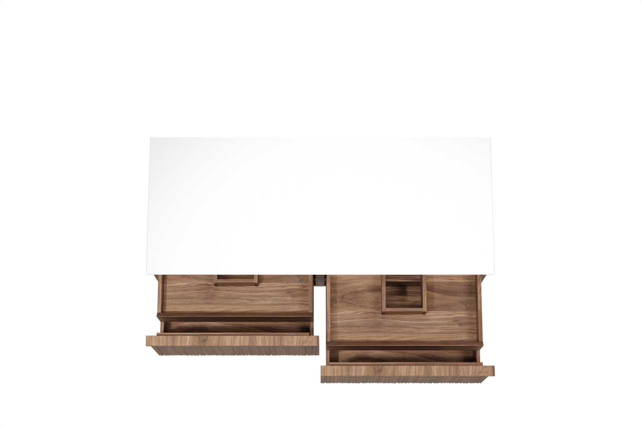 Balmani Forma zwevend badkamermeubel 135 x 55 cm amerikaanse notelaar met Stretto enkel of dubbel tablet in solid surface mat wit, Verticale asymmetrische ronde ribbel