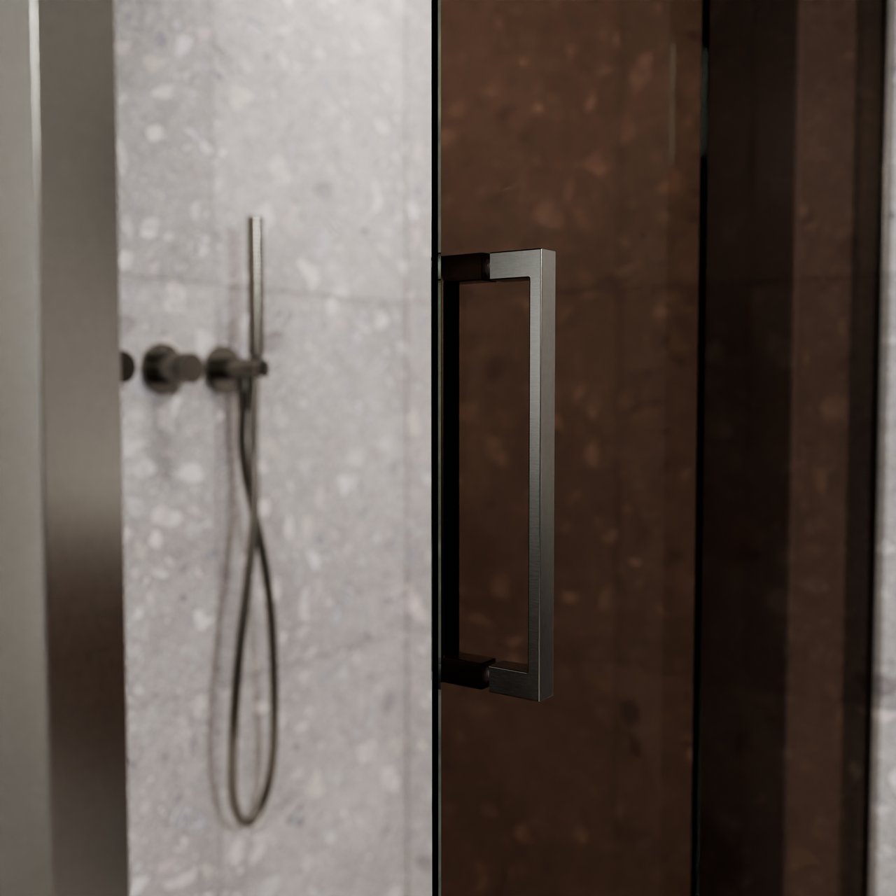 Balmani Senses Design douche d'angle avec porte coulissante à droite et paroi latérale fixe, 120 x 100 cm, Bronze, Profil Brushed GunMetal, coating inclus