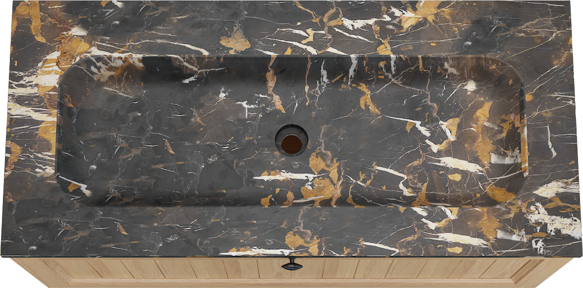 Balmani Lemon zwevend badkamermeubel 120 x 55 cm, fineer natuur eik met Tablo Arcato enkele wastafel voor 2 kraangaten in portoro gold