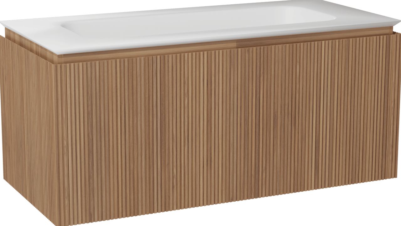 Balmani Eclips meuble salle de bains suspendu 120 x 55 cm Teck avec Eclips plan simple en Solid Surface blanc mat, Nervure droite symétrique verticale