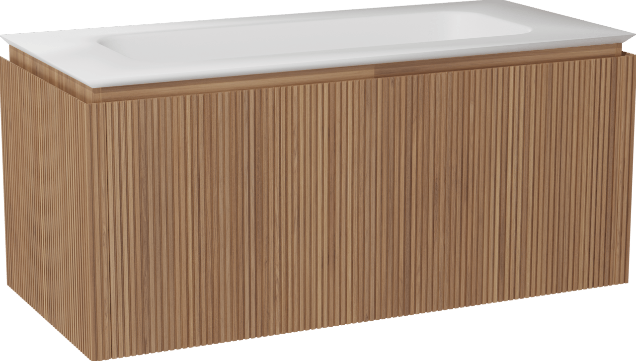 Balmani Eclips meuble salle de bains suspendu 120 x 55 cm Teck avec Eclips plan simple en Solid Surface blanc mat, Nervure droite symétrique verticale