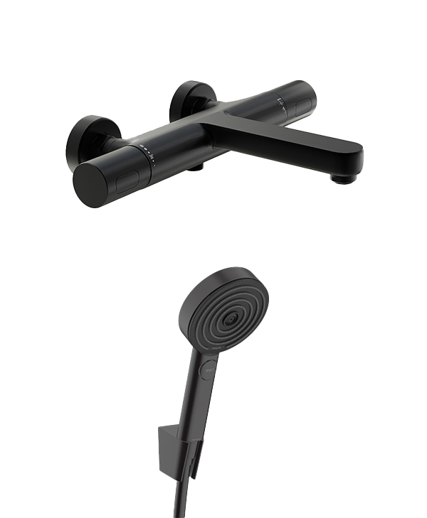 Blaufoss Apollo Badewannenarmatur: Wandmontage, Schwarz matt, inkl. Handbrauseset