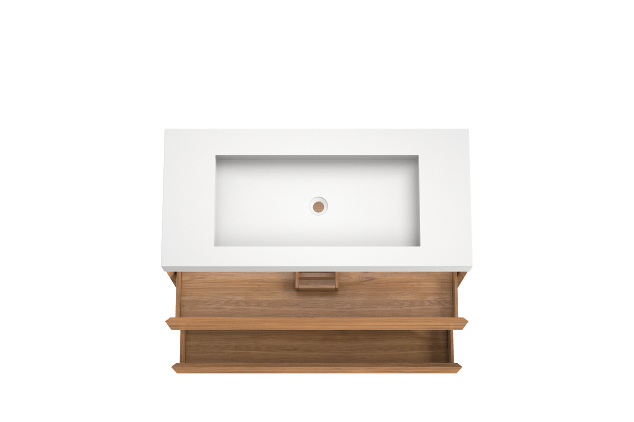 Balmani Mitra hängendes Möbelstück Set: 120 x 55 cm, Teak, mit Modus Einzelwaschtisch für 2 Armaturenlöcher, Solid Surface Weiß matt