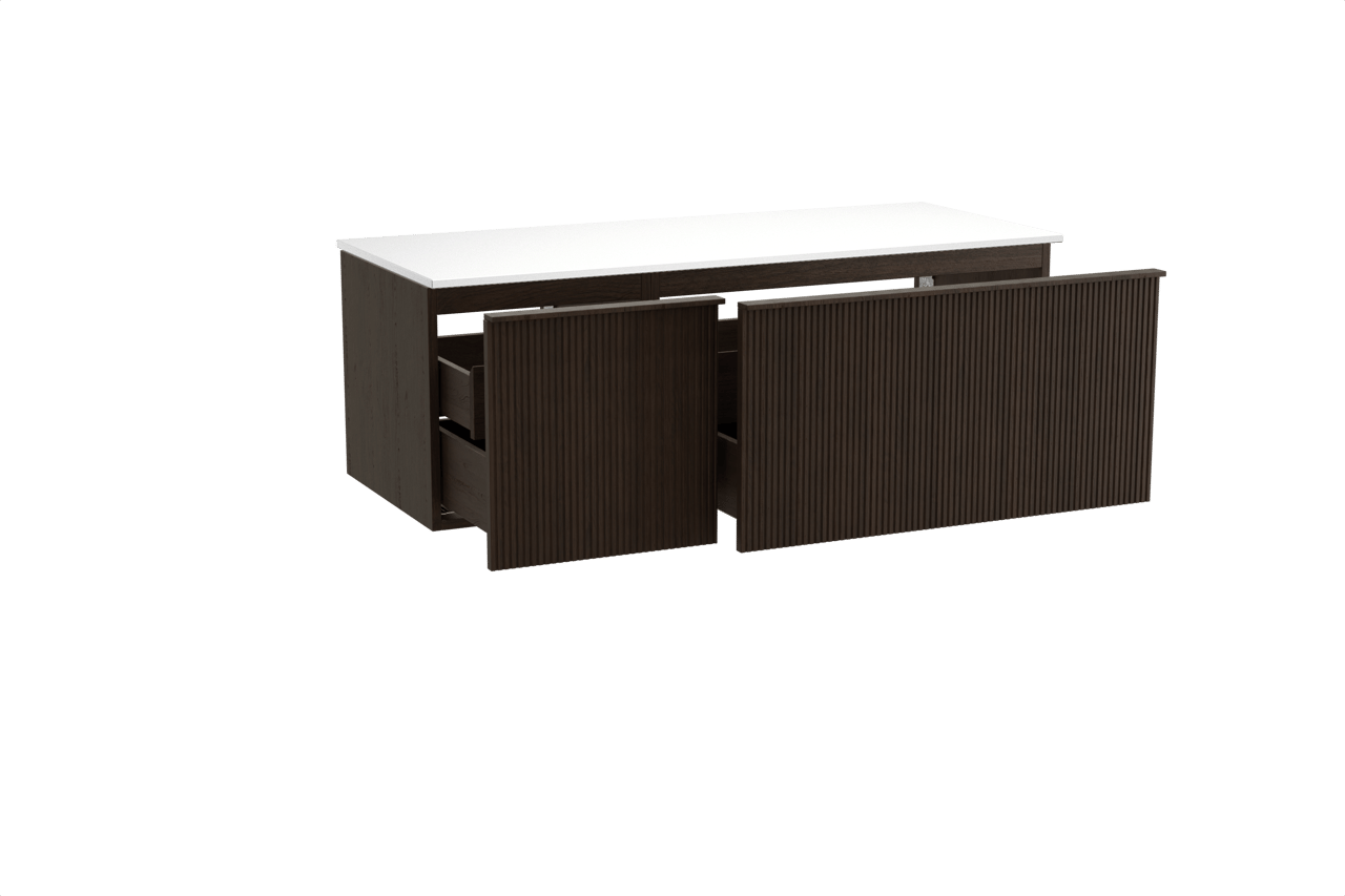 Balmani Forma meuble salle de bains suspendu 135 x 55 cm chêne fumé avec Stretto tablette simple ou double en solid surface blanc mat, Nervure droite symétrique verticale