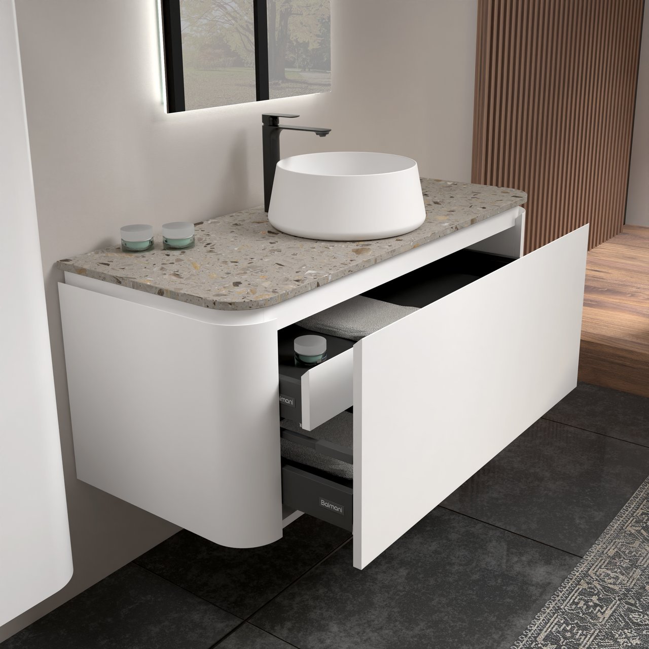 Balmani Moon meuble salle de bains suspendu 130 x 55 cm blanc mat avec Moon tablette simple ou double en terrazzo greige terrazzo