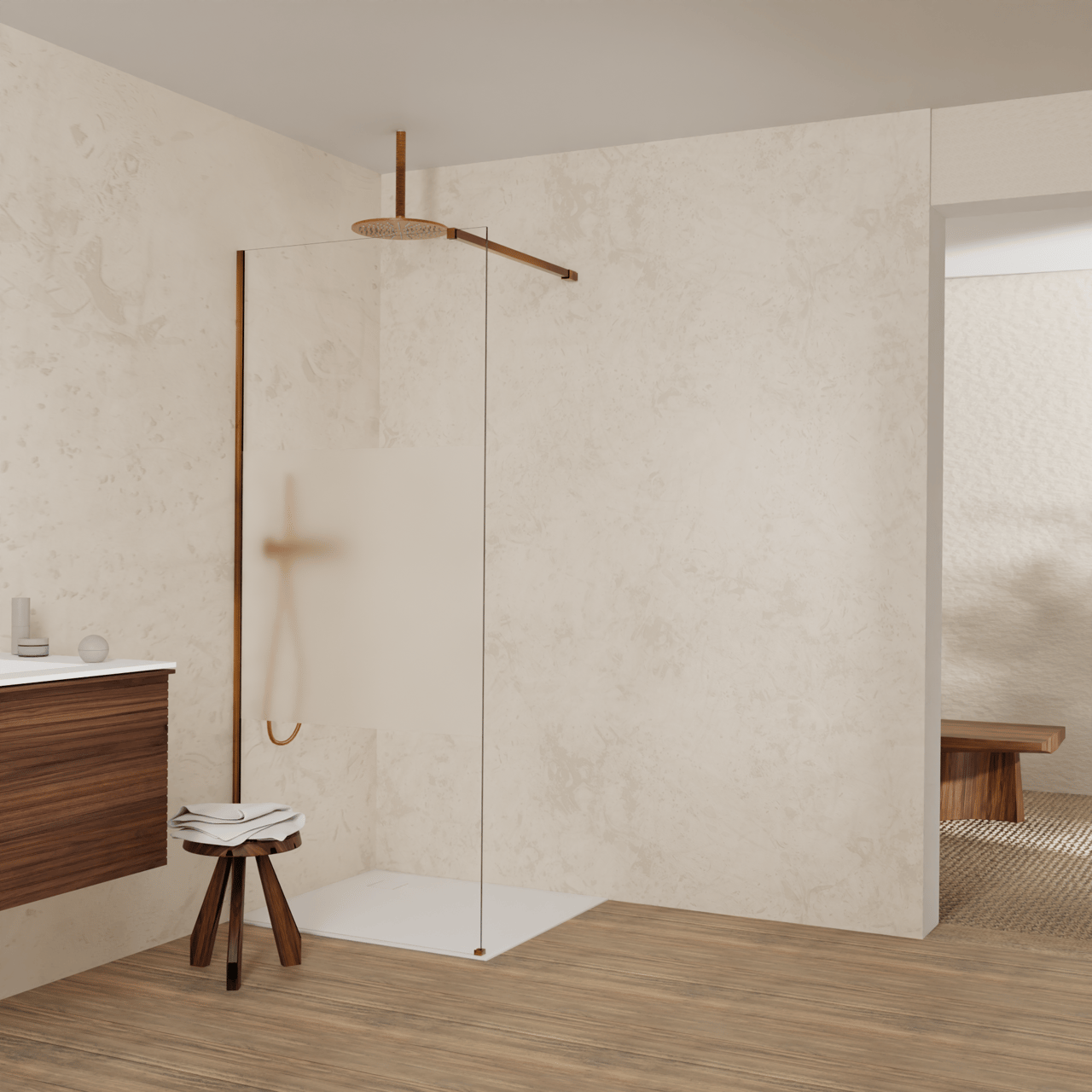 Balmani Modular inloopdouche: 90 x 200 cm, Helder glas met matte strook met coating, Brushed Rosegold profielen