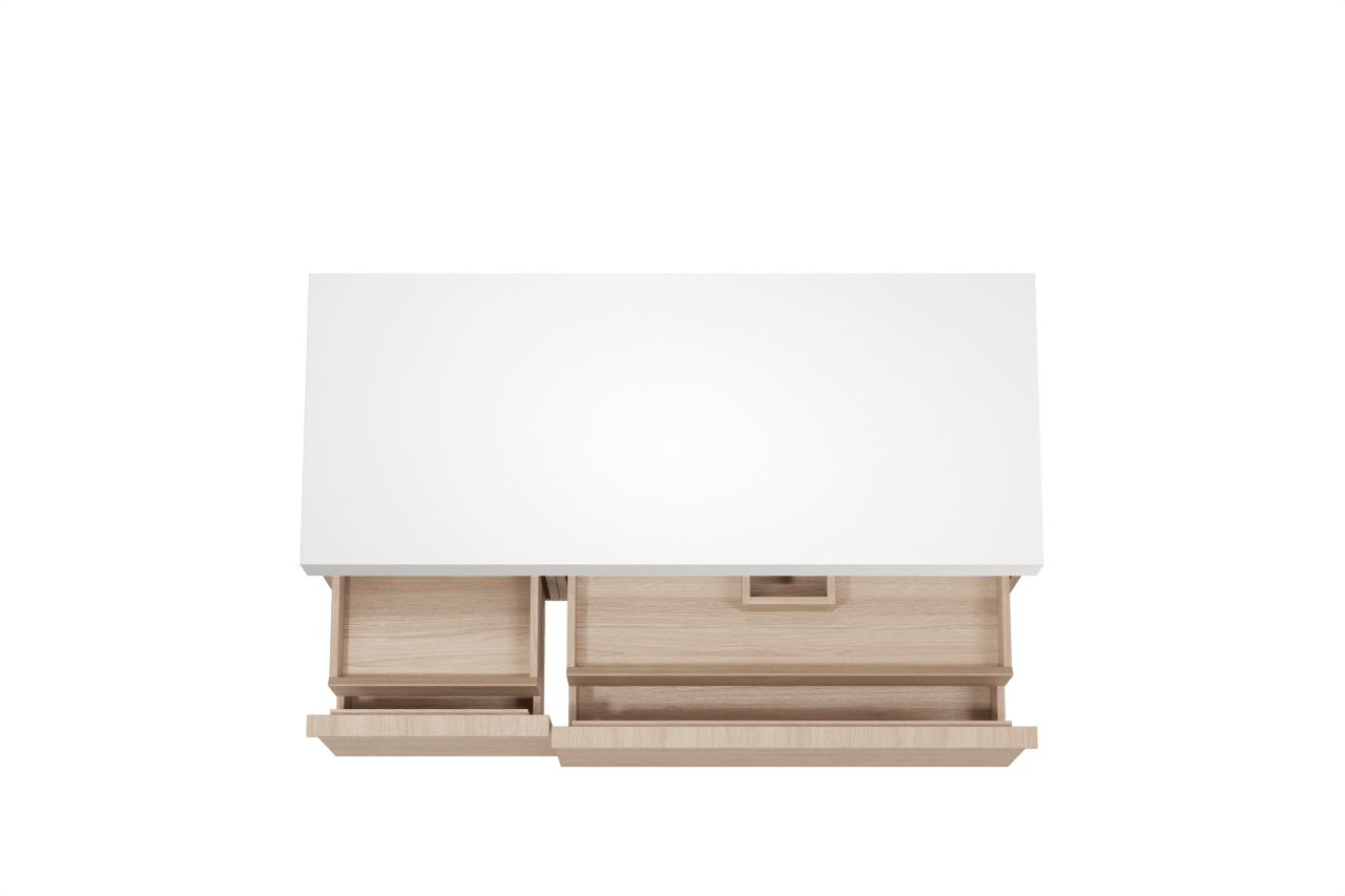 Balmani Forma hängendes Möbelstück Set: 135 x 55 cm, Naturbelassene Eiche, mit Dominus Einzel- oder Doppel Waschtischplatte, Solid Surface, Weiß matt, Horizontale symmetrische gerade Rippe