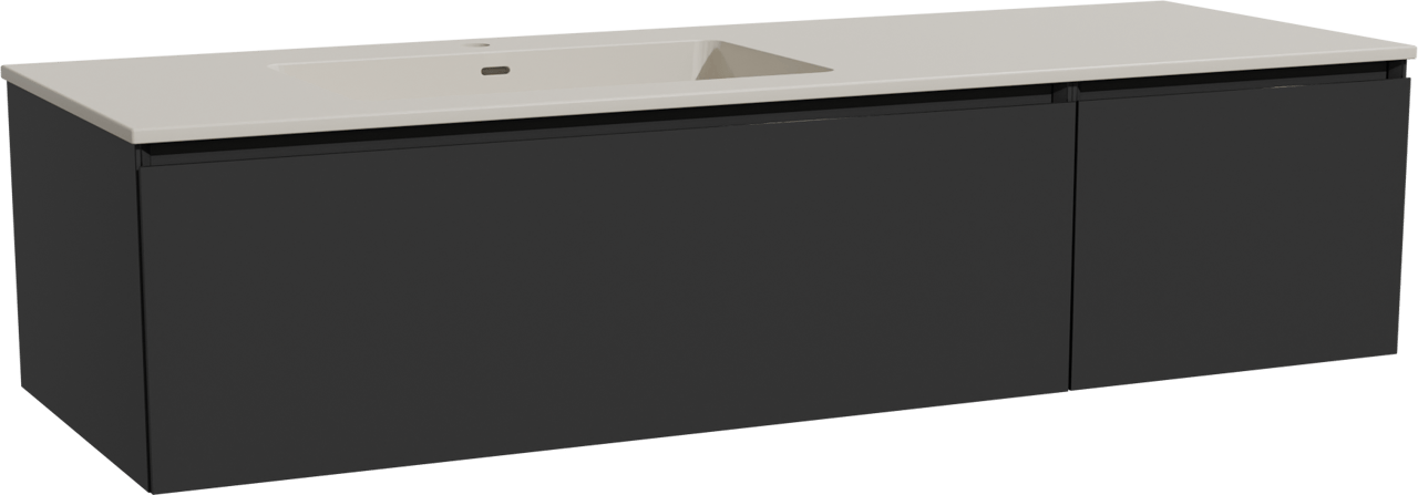 Storke Edge zwevend badmeubel 150 x 52 cm mat zwart met Diva asymmetrisch linkse wastafel in top solid zijdegrijs