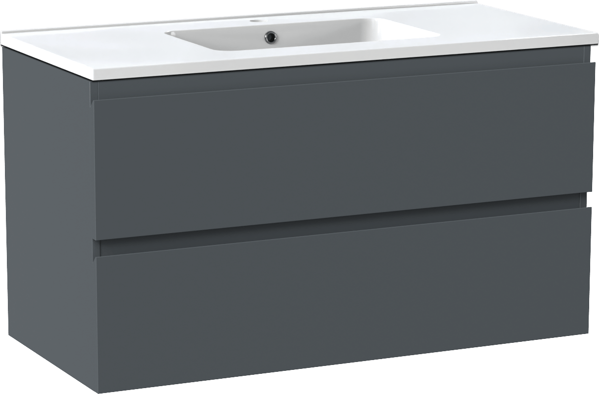 Linie Lado zwevend badmeubel 100 x 46 cm blauw antraciet met Vano enkele wastafel in composietmarmer hoogglans wit