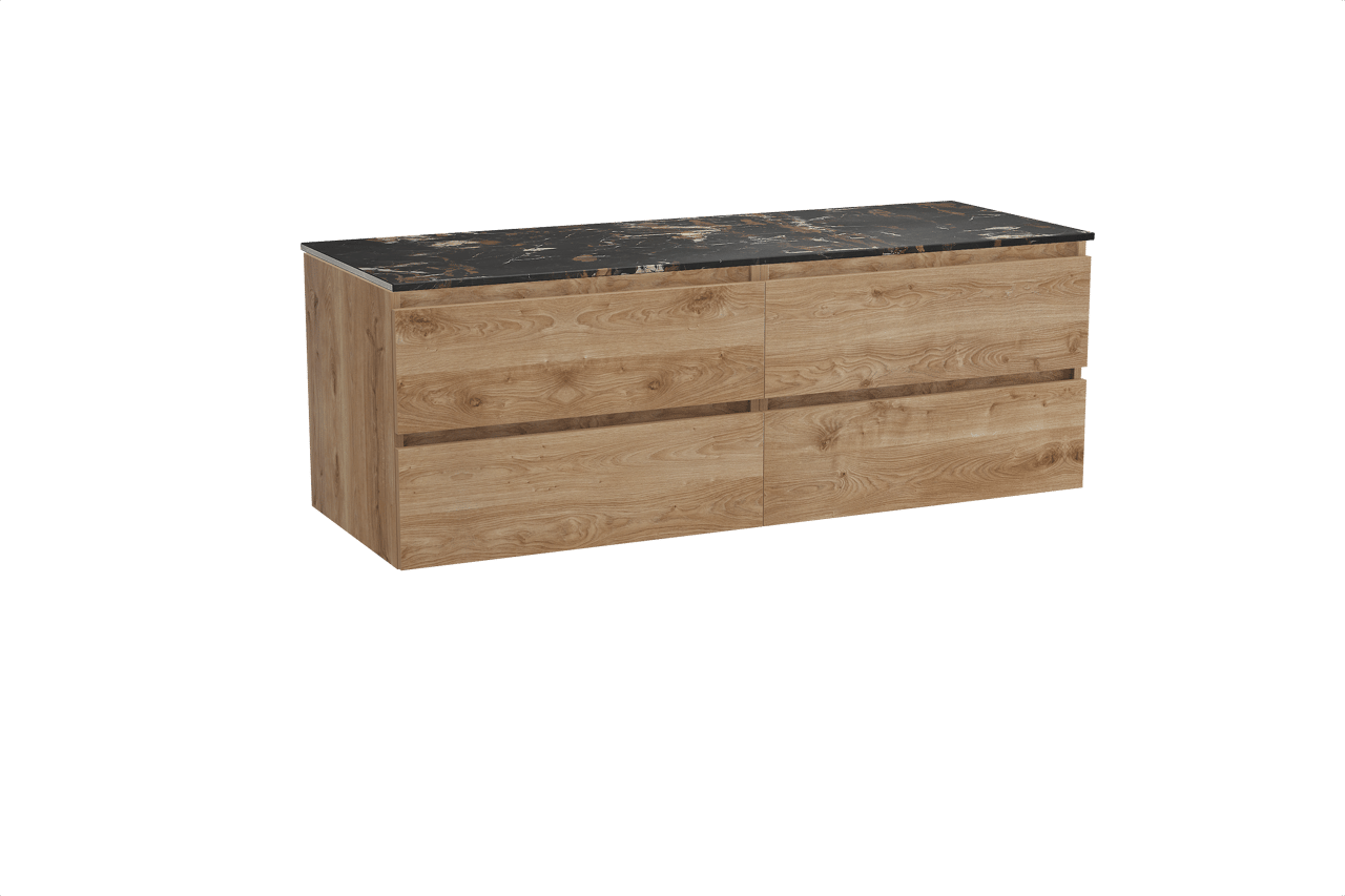 Balmani Lucida meuble salle de bains suspendu 150 x 55 cm chêne brut avec Stretto tablette simple ou double en marbre portoro gold