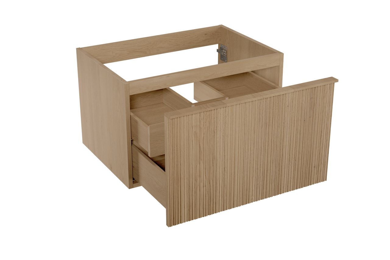 Balmani Forma hängender Waschbeckenunterschrank: asymmetrische Rippen, 75 x 55 cm, Eiche Natur, 2 Schubladen