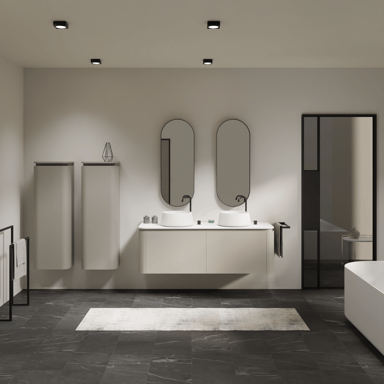 Balmani Moon zwevend badkamermeubel 160 x 55 cm zijdegrijs met Moon enkel of dubbel tablet in solid surface mat wit