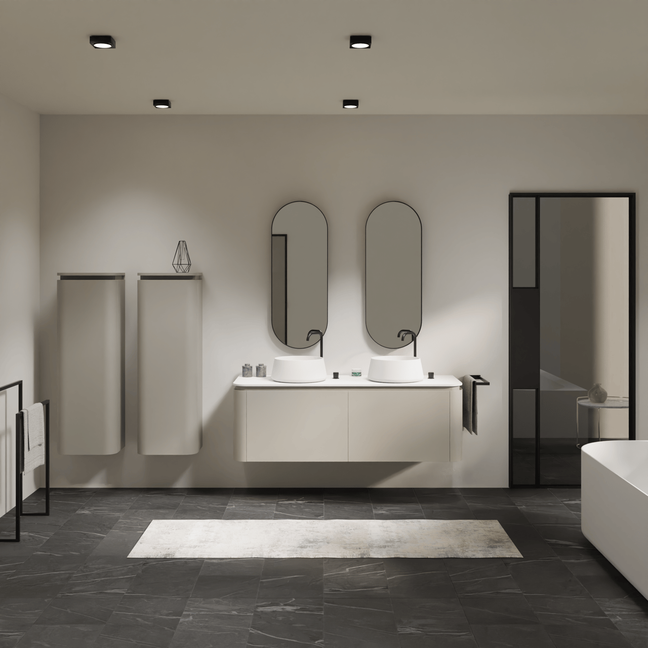 Balmani Moon hängendes Möbelstück Set: 160 x 55 cm, Seidengrau, mit Moon Einzel- oder Doppel Waschtischplatte, Solid Surface Weiß matt