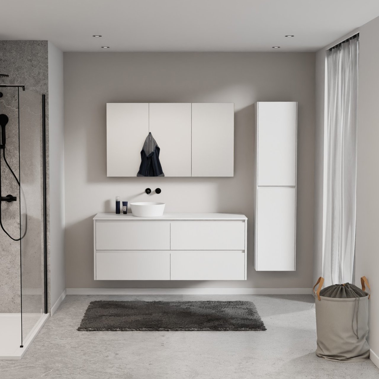 Storke Seda meuble salle de bains suspendu 150 x 52 cm blanc mat avec Tavola tablette simple ou double en solid surface blanc mat