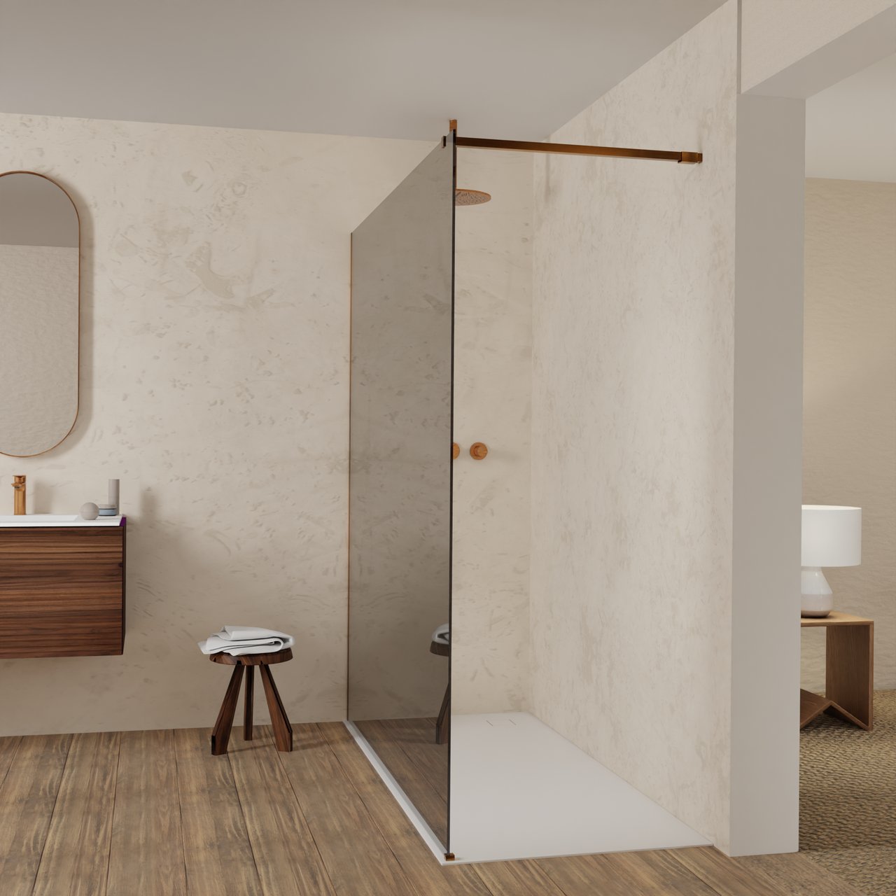 Balmani Modular douche à l'italienne: 180 x 200 cm, Verre miroir reflex, avec coating, Profil Brushed Rosegold