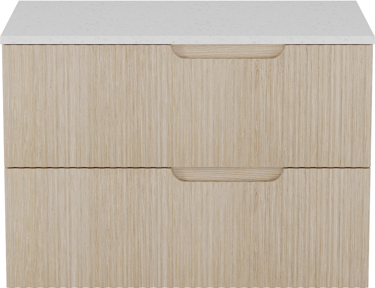 Linie Ribbo meuble salle de bains suspendu 80 x 46 cm chêne clair avec Lado tablette simple en mélaminé terrazzo blanc, Nervure circulaire symétrique verticale