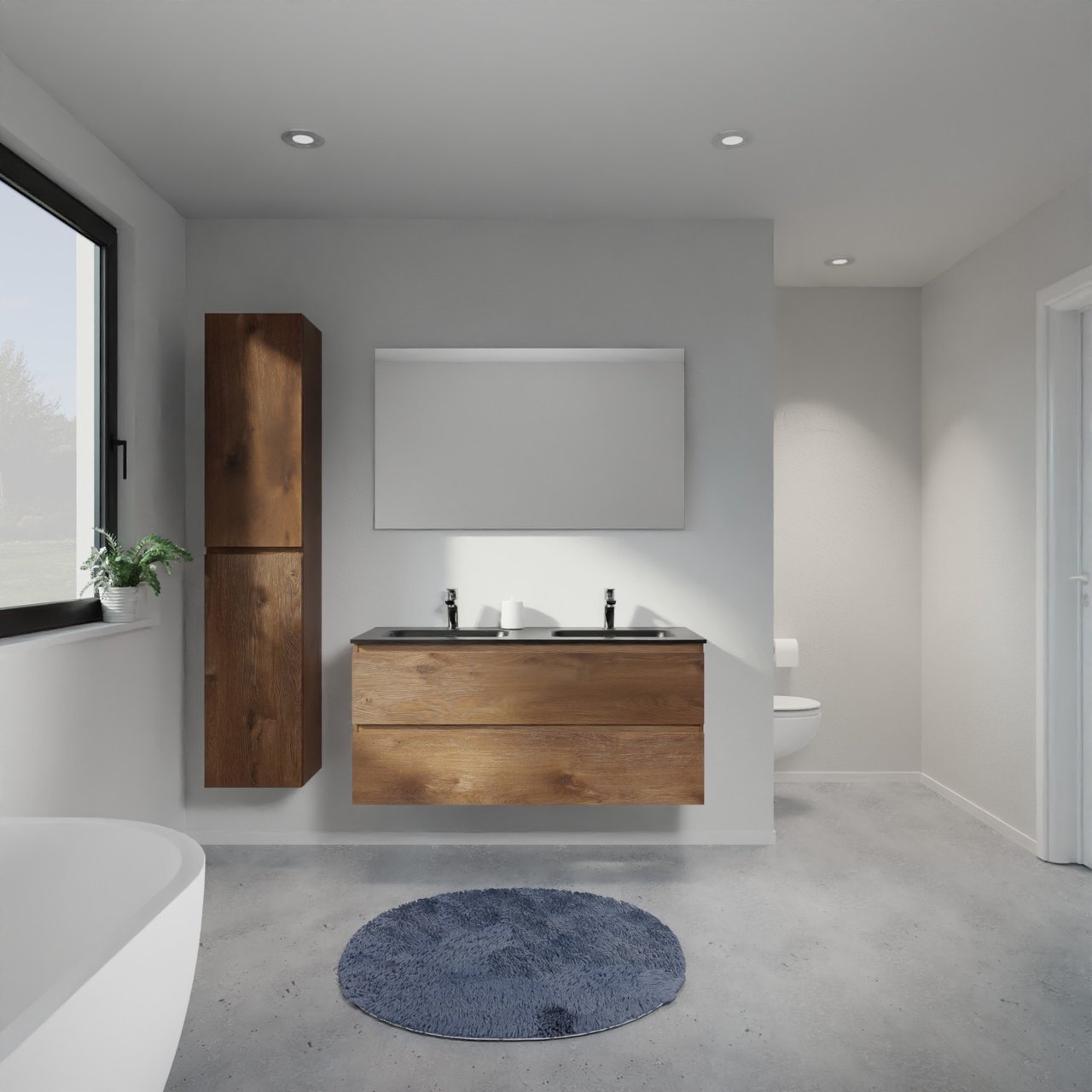 Linie Lado meuble salle de bains suspendu 120 x 46 cm chêne brun avec Baro double vasque en porcelaine noir mat