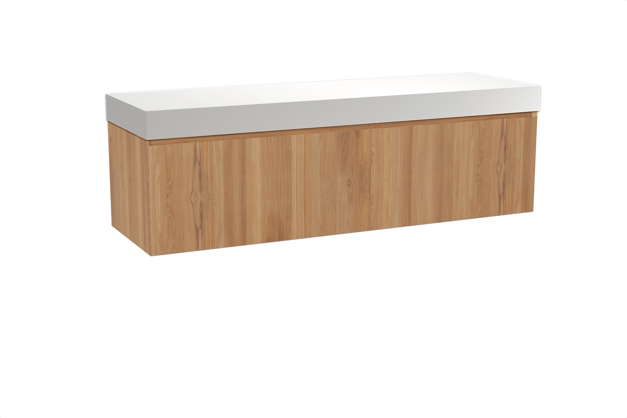 Balmani Idra meuble salle de bains suspendu 180 x 55 cm teck avec Dominus tablette simple ou double en solid surface blanc mat