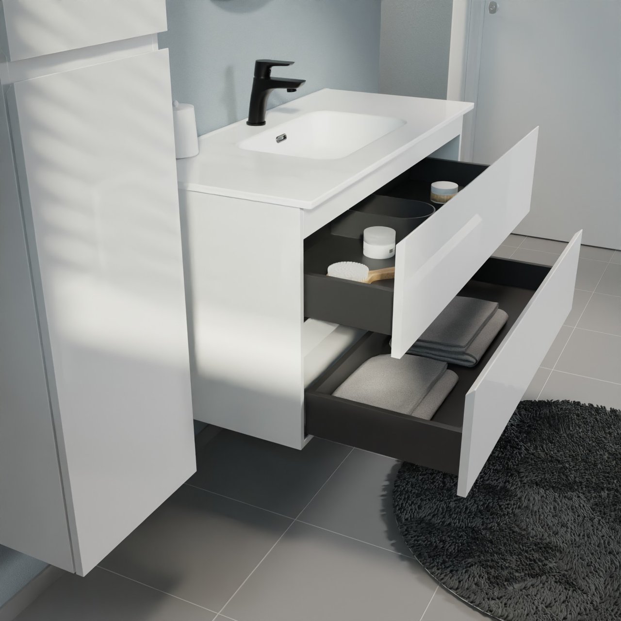 Linie Lado meuble salle de bains suspendu 100 x 46 cm blanc brillant avec Baro plan simple en porcelaine blanc brillant