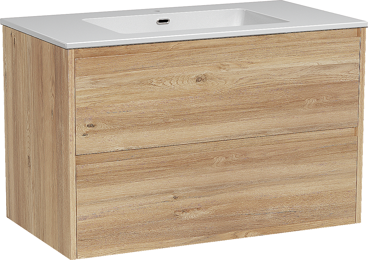 Storke Seda zwevend badmeubel 95 x 52 cm ruw eiken met Diva enkele wastafel in composietmarmer hoogglans wit