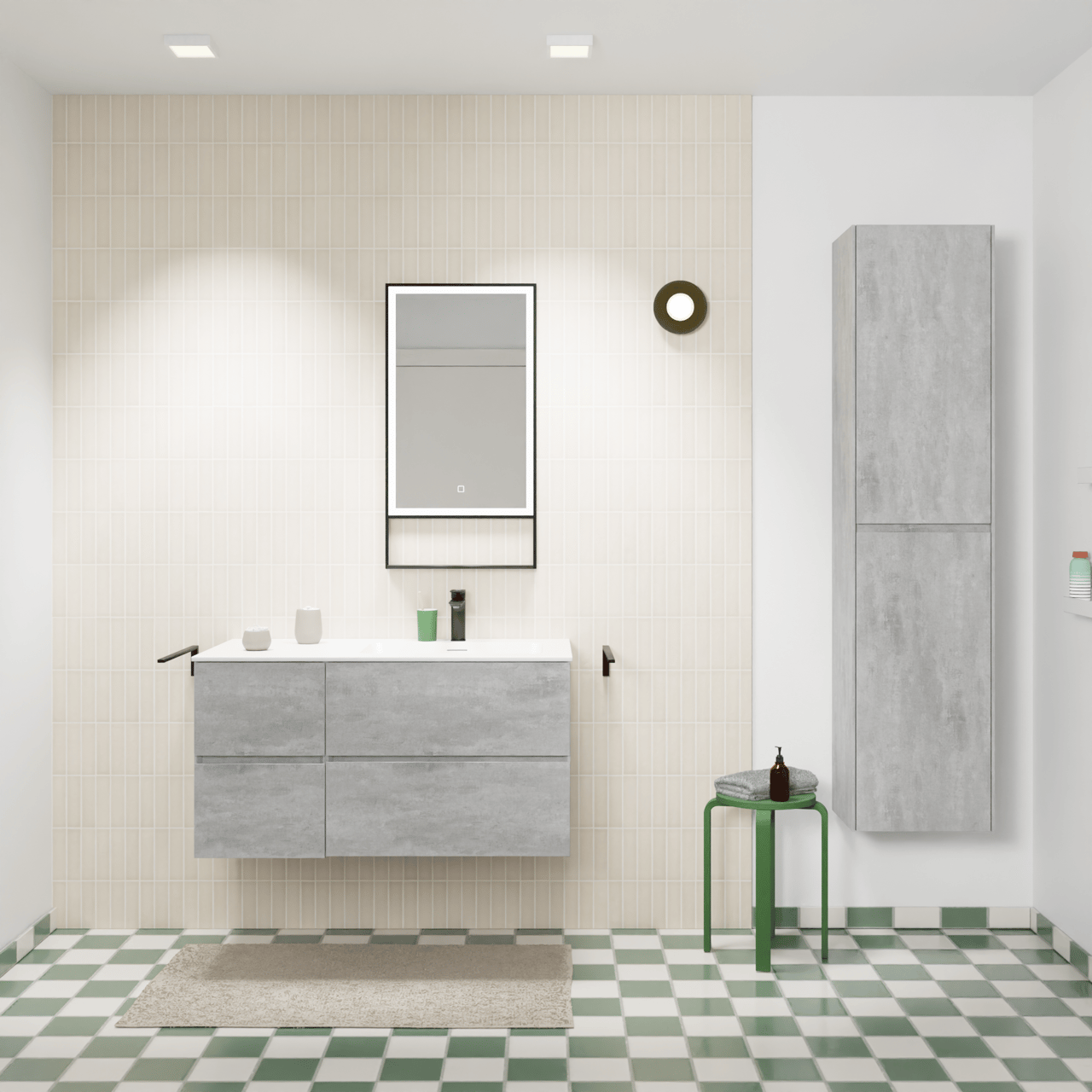 Storke Edge meuble salle de bains suspendu 100 x 52 cm béton gris foncé avec Mata plan vasque asymétrique à droite en solid surface blanc mat