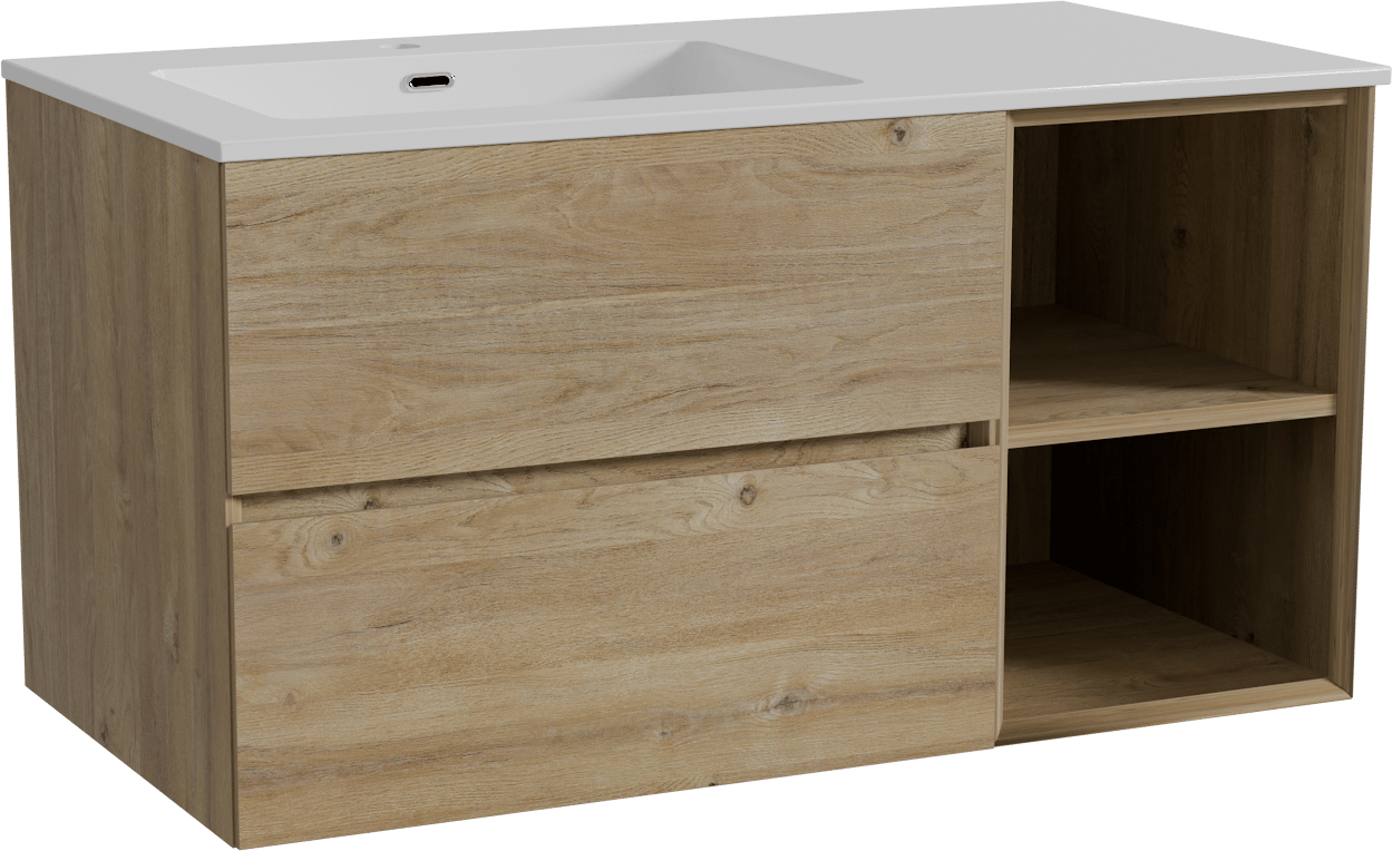 Storke Edge zwevend badkamermeubel 100 x 52 cm ruwe eik met Diva asymmetrisch linkse wastafel in composietmarmer glanzend wit