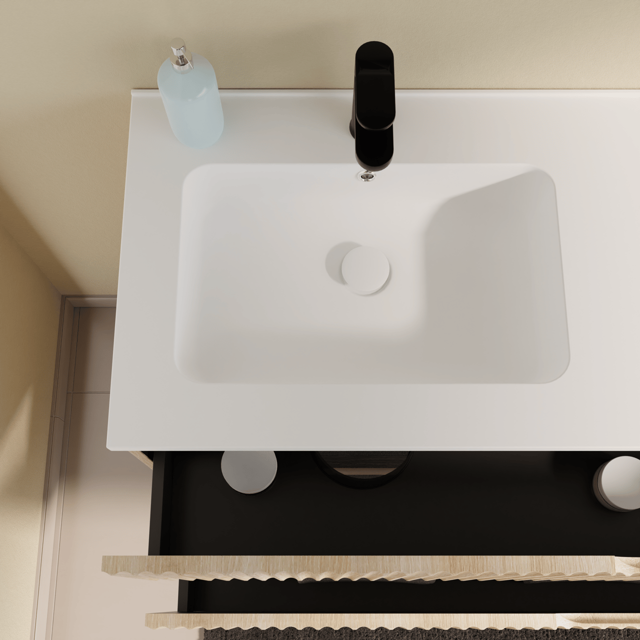 Linie Ribbo meuble salle de bains suspendu 60 x 46 cm chêne clair avec Vano plan simple en marbre composite blanc brillant, Nervure circulaire symétrique verticale