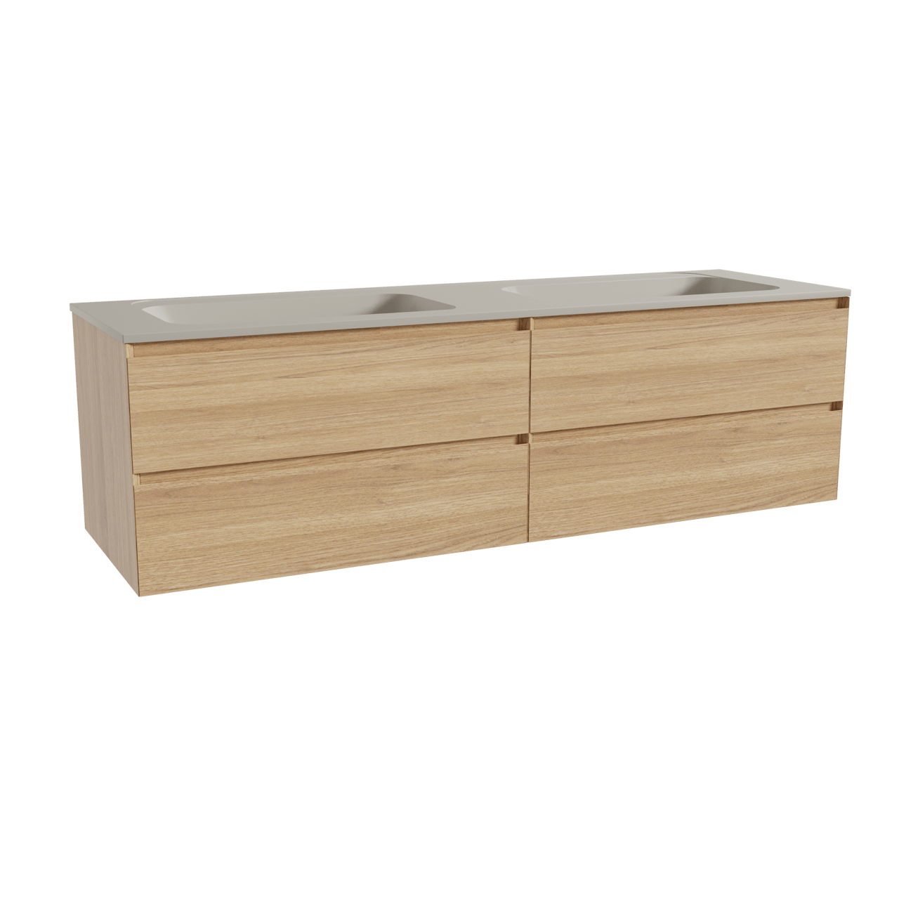 Balmani Mitra zwevend badkamermeubel 180 x 55 cm natuur eik met Tablo Strada dubbele wastafel in composietmarmer zijdegrijs