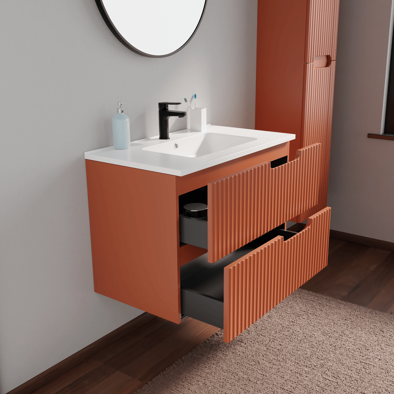 Linie Ribbo zwevend badkamermeubel 80 x 46 cm cotto met Vano enkele wastafel in composietmarmer glanzend wit, Verticale symmetrische ronde ribbel