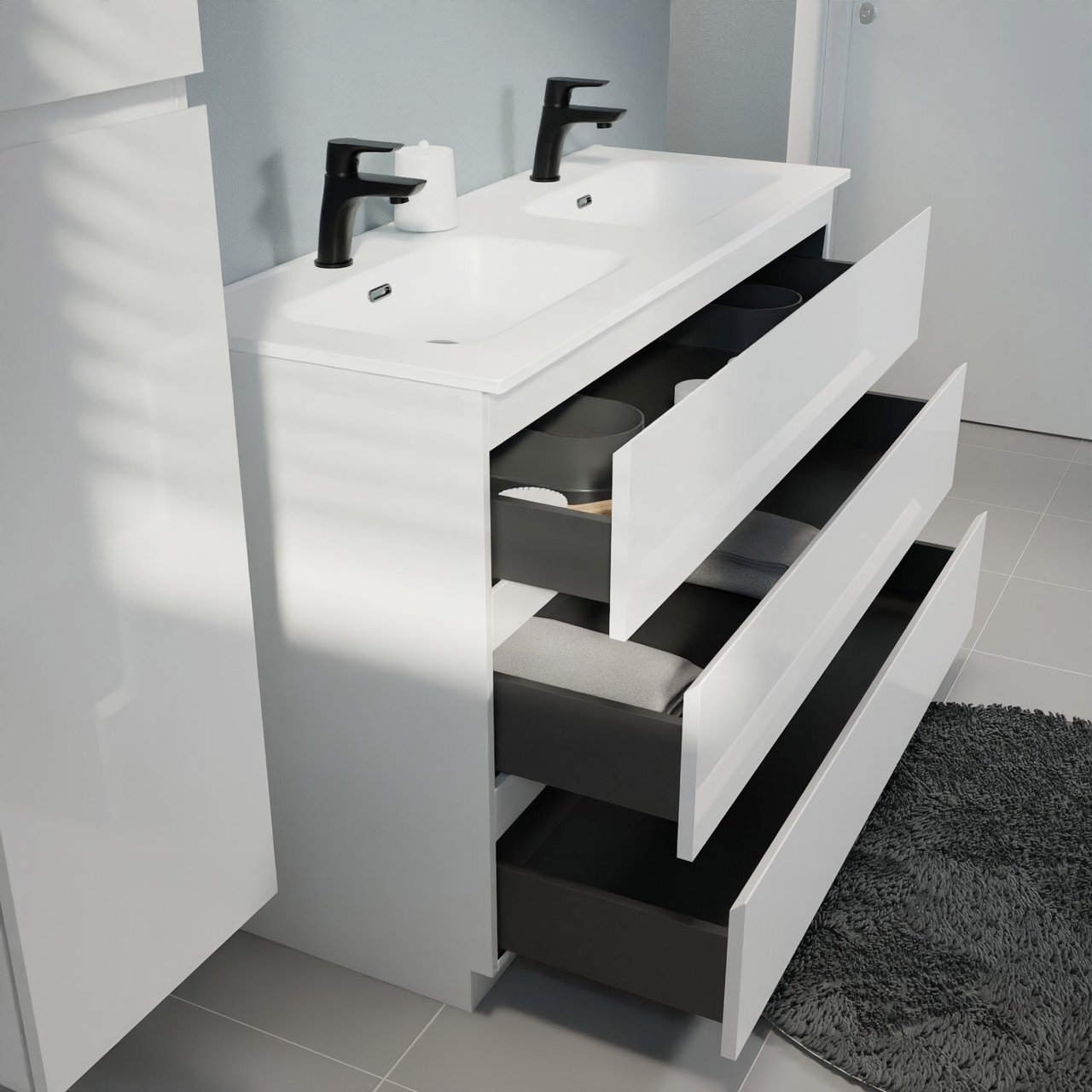 Linie Lado meuble salle de bains à poser 120 x 46 cm blanc brillant avec Baro double vasque en porcelaine blanc mat