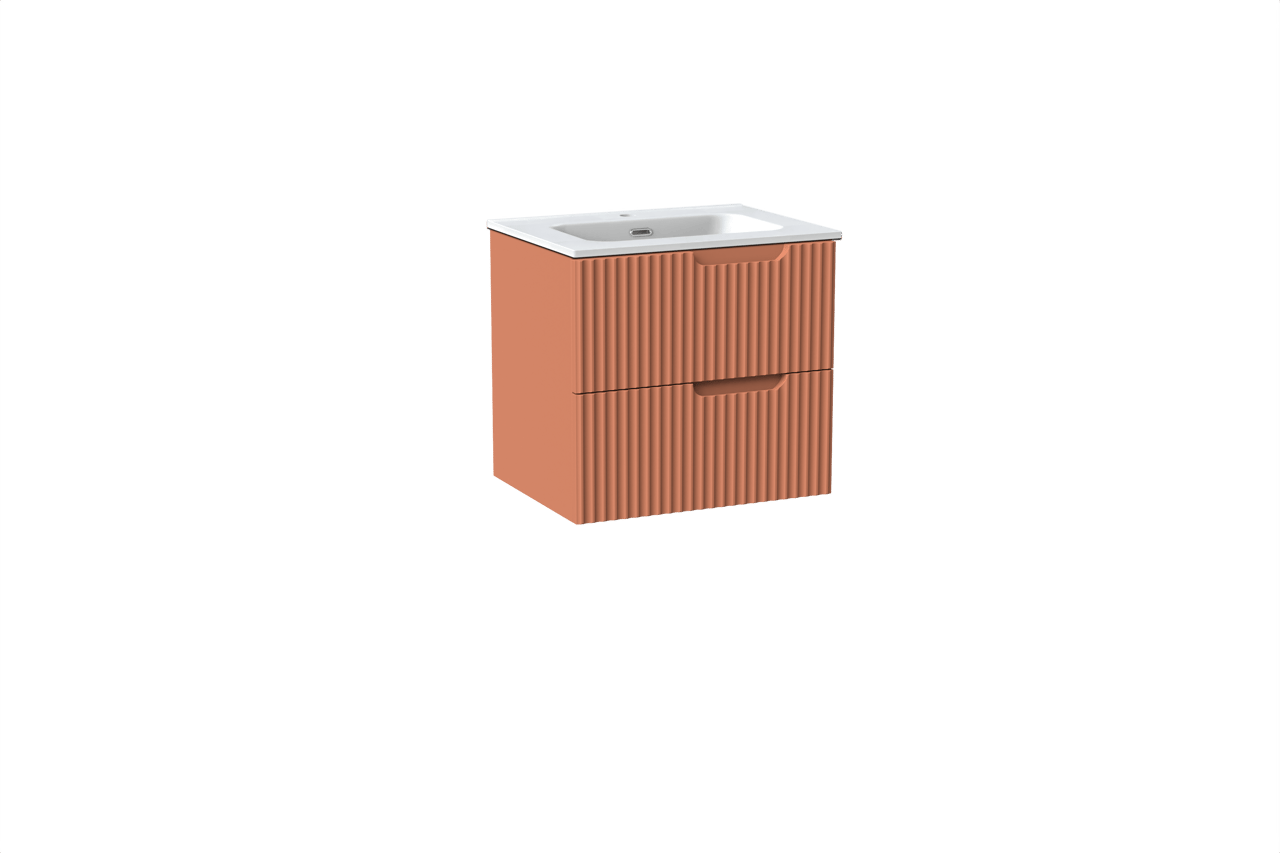 Linie Ribbo hängendes Möbelstück Set: 60 x 46 cm, Cotto, mit Baro Einzelwaschtisch, Porzellan, Weiß matt, Vertikale symmetrische runde Rippe