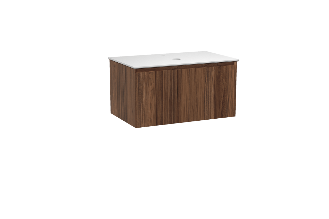 Balmani Idra zwevend badkamermeubel 90 x 55 cm notelaar met Facetta enkel tablet in solid surface mat wit