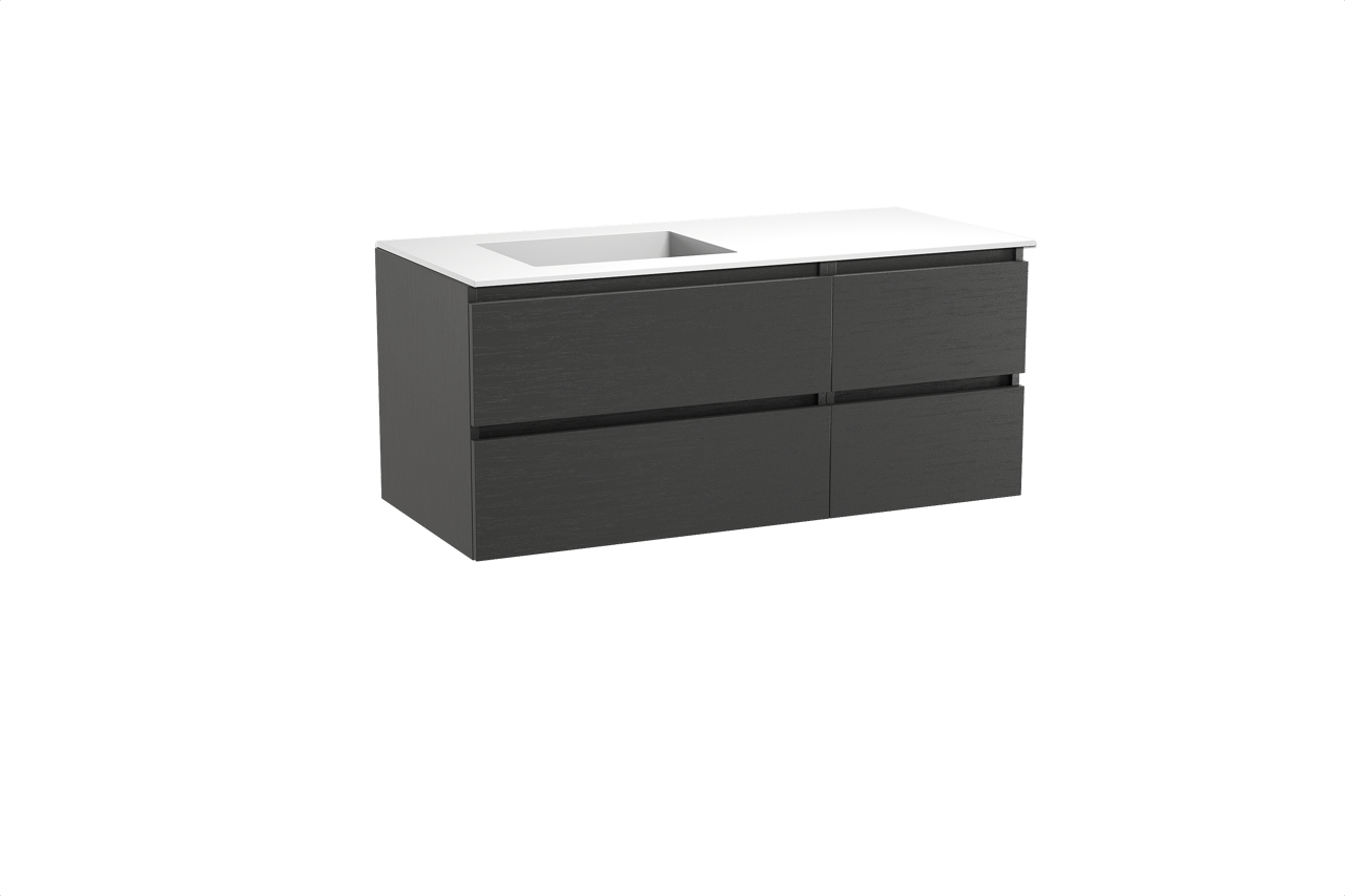 Balmani Lucida hängendes Möbelstück Set: 120 x 55 cm, Schwarze Eiche, mit Tablo Stretto Waschtisch links, Solid Surface Weiß matt