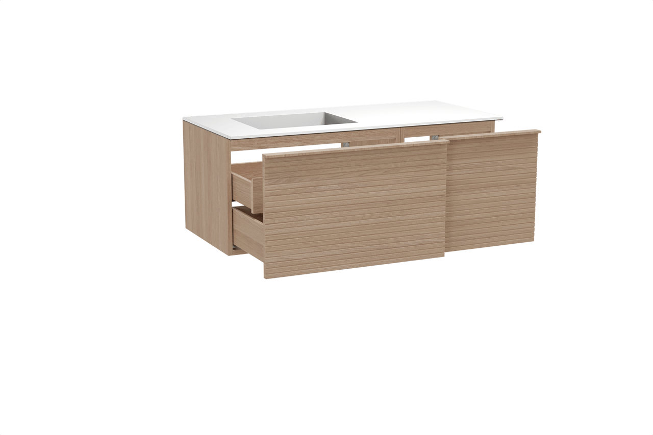 Balmani Forma hängendes Möbelstück Set: 120 x 55 cm, Naturbelassene Eiche, mit Tablo Stretto Waschtisch links, Solid Surface, Weiß matt, Horizontale symmetrische gerade Rippe