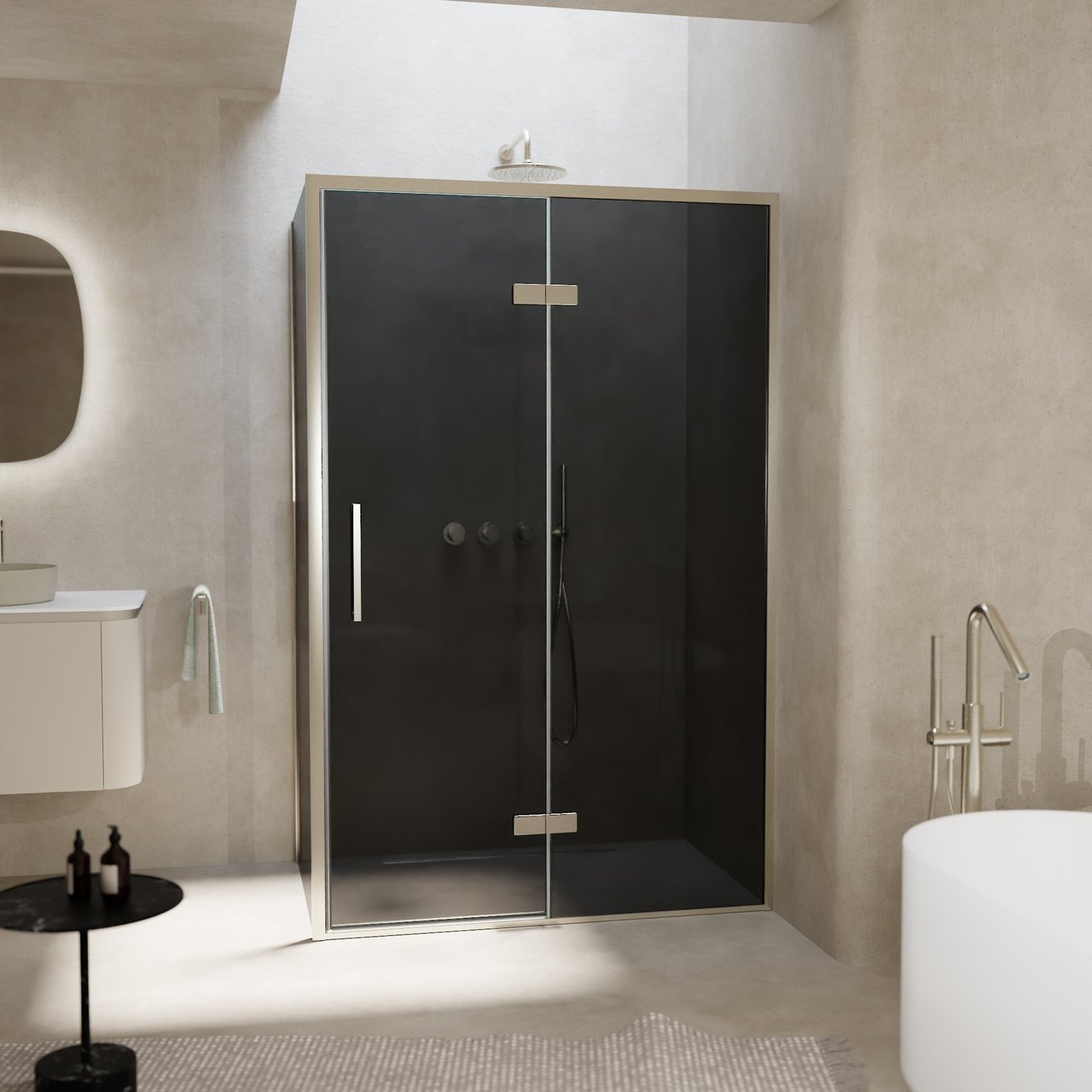 Balmani Senses Design Eckdusche: Drehtür (Rechts) mit fixierte Seitenwand, 120 x 80 cm, Rauchglas, Profil Brushed CoolMetal, inklusive Coating