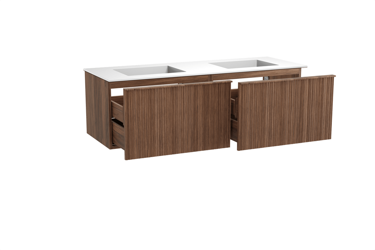 Balmani Forma zwevend badmeubel 150 x 55 cm amerikaans notenhout met Tablo Stretto dubbele wastafel in solid surface mat wit, Verticale asymmetrische ronde ribbel